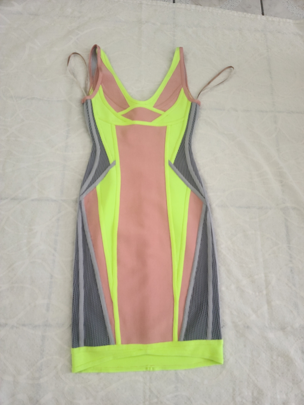 Herve Leger Neon Yellow and Dusty Pink Colorblock Bandage Mini Dress